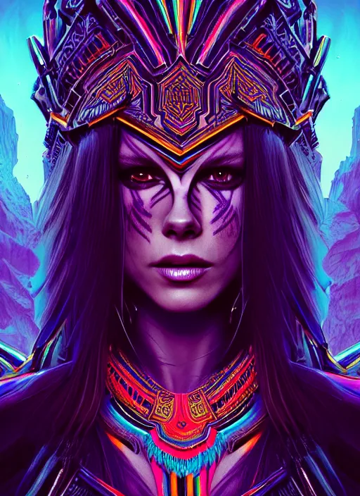 Prompt: hyper detailed ultra sharp aztec underworld warrior trance girl, cute, kate beckinsale. trending on artstation, warpaint aesthetic, earthwave, colorful, neon, ornate, intricate, digital painting, concept art, smooth, sharp focus, illustration, art by artgerm and greg rutkowski and h. r. giger, 8 k