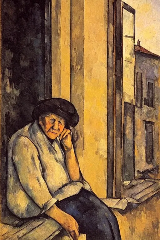 Image similar to an elderly and content italian woman leaning out of the window of an old building, smoking a cigarette, by paul cezanne, firenze, sunset, smooth, expressionist, gold, portrait