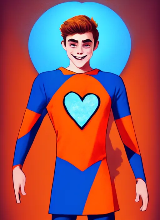 Image similar to friendly teenage archie andrews wearing an orange superhero costume with heart logo, heart, freckles, blue cape, heart emblem on chest, blue cape, intricate, elegant, glowing lights, highly detailed, digital painting, artstation, sharp focus, illustration, art by wlop, mars ravelo and greg rutkowski