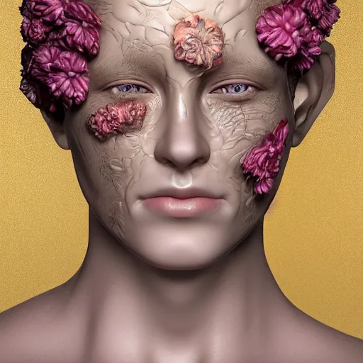 Image similar to beatifull face portrait of a woman, 150 mm, anatomical, flesh, flowers, mandelbrot fractal, facial muscles, veins, arteries, intricate, golden ratio, full frame, microscopic, elegant, highly detailed, ornate, ornament, sculpture, elegant , luxury, beautifully lit, ray trace, unreal, 3d, PBR, in the style of peter Gric , alex grey and Romero Ressendi