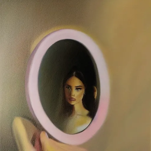 Image similar to fashion model looking in mirror, hyperrealism oil painting