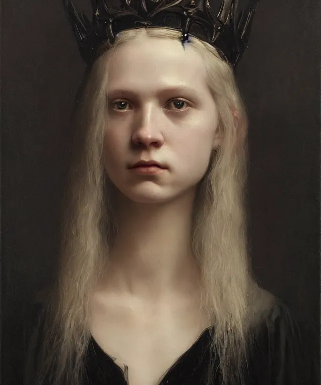 Prompt: the portrait of!!!!!!!!!! hunter schafer!!!!!!!!!! in black wax crown by roberto ferri, dark fantasy, witcher, very detailed oil painting, masterpiece, 8 k