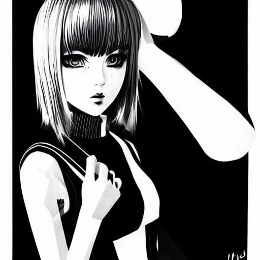 Image similar to an ink drawing of a tech punk girl by ilya kuvshinov, black and white