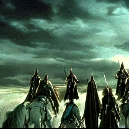 Image similar to still from lord of the rings showing the ride of the rohirrim, riding toward minas tirith