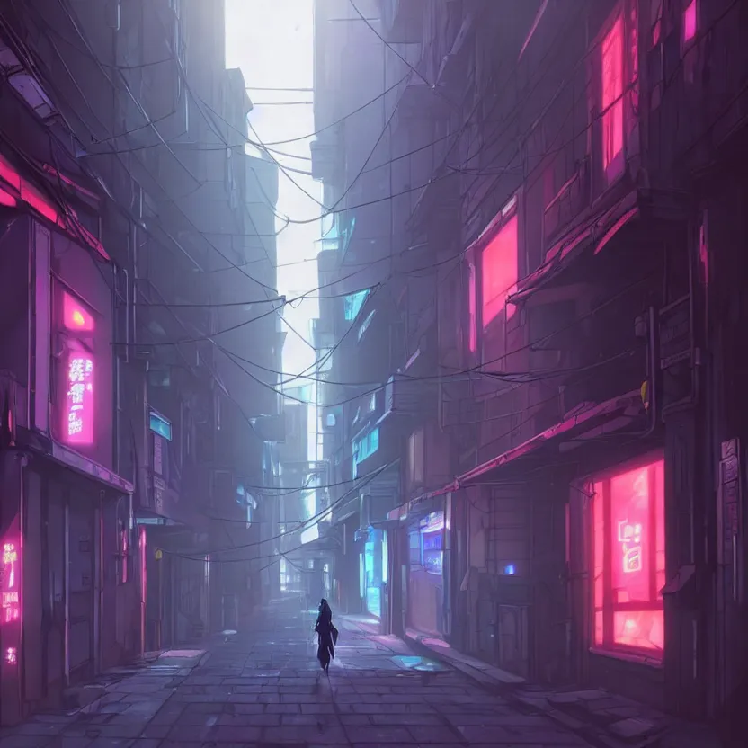 Image similar to city alleyway in the atmospheric cyberpunk anime film, gouache matte background painting, neon noir, at night with lights, by makoto shinkai, in the anime series ergo proxy, beautiful specular edge highlights and rim lighting