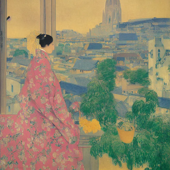 Image similar to portrait of woman in colorful kimono, white cat and house plant with city with gothic cathedral seen from a window frame with curtains. thunderstorm. agnes pelton, caspar david friedrich, bonnard, henri de toulouse - lautrec, utamaro, matisse, monet