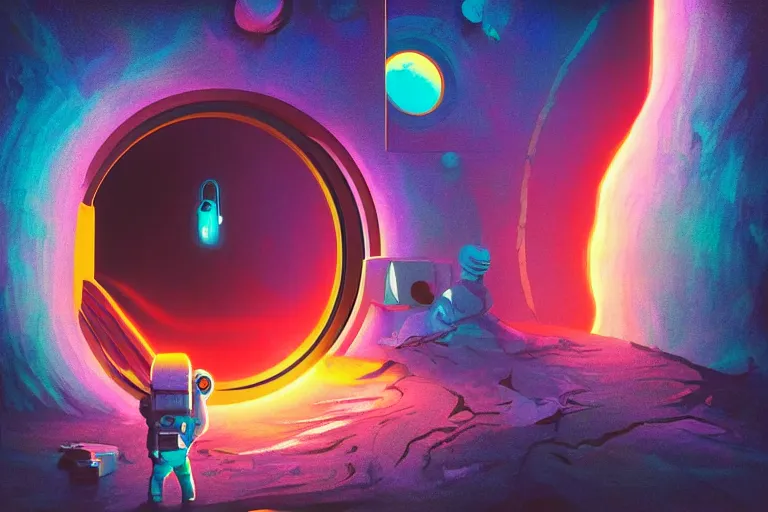 Image similar to an astronaut opening a door that leads to another planet, door is a portal to another planet, flooko style, vaporwave, synthwave, ambient lighting, cinematic lighting, retro, psychedelic, digital art, acrylic, detailed,