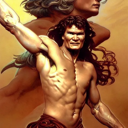Prompt: patrick swayze as the roman god of protection!! intricate elegant, highly detailed, digital painting, artstation, concept art, smooth, sharp focus, illustration, art by ( ( ( artgerm ) ) ) and greg rutkowski! and ( ( alphonse mucha ) ), heavily influenced by frank frazetta and boris vallejo, sword and sorcery