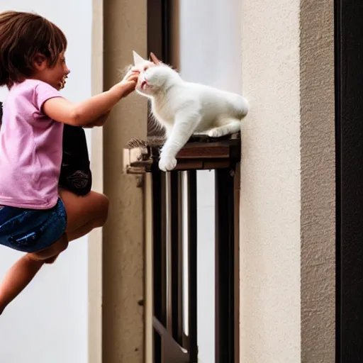 Image similar to a white brown cat preventing a little girl from climbing over a balcony