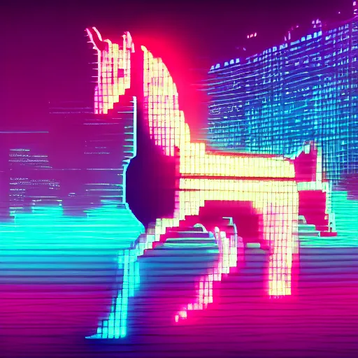 Prompt: A synthwave horse inspired by Tron. Trending on Artstation. Digital screenshot. Faded film grain. 1980s Computer Graphics