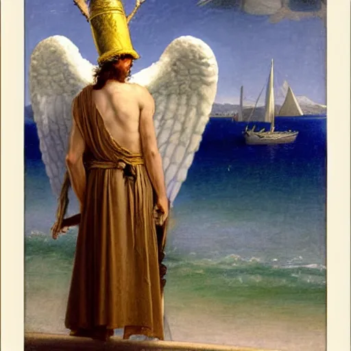 Prompt: An angel with jester hat and clothes on a greek circle archi on the front of a Balustrade with a beach and a sail boat on the background, major arcana cards, by paul delaroche and arnold böcklin hyperrealistic 8k, very detailed