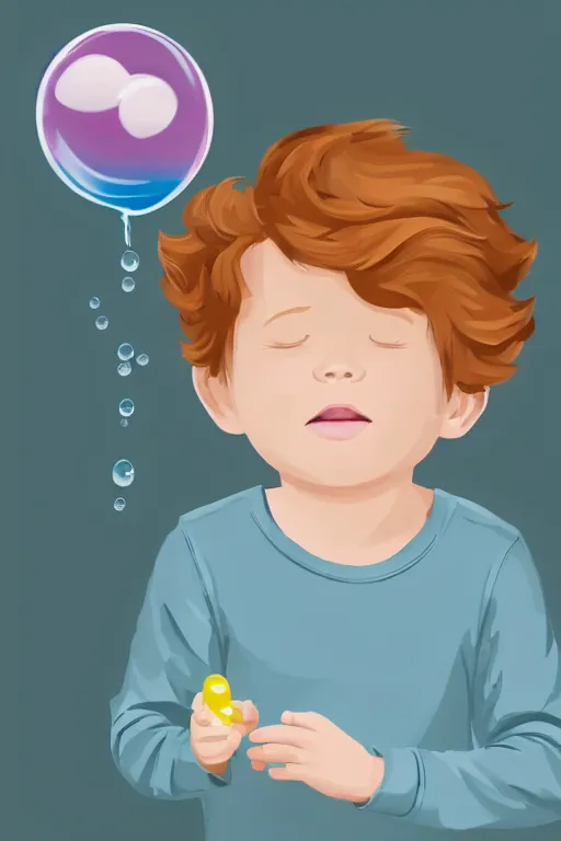 Image similar to a little boy with ginger hair blowing bubbles. clean elegant simple illustration, beautiful detailed face.