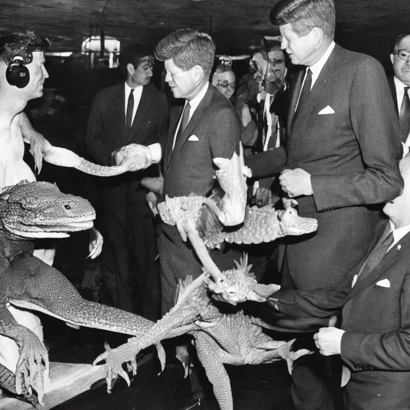 Image similar to vintage photo of president kennedy meeting with an argonian lizard warrior in skryim