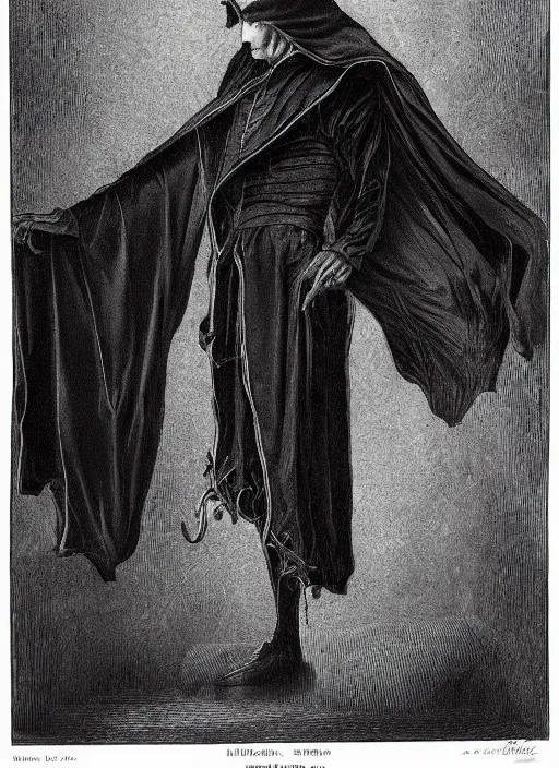 Image similar to fineart illustration of the necromancer wearing a black cloak, hyper detailed, crisp