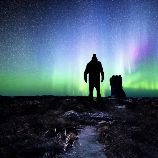 Prompt: 4K Epic Ultra HD detailed award-winning wallpaper silhouette of lonely man holding a flashlight looking at huge vast sky universe Milky Way aurora