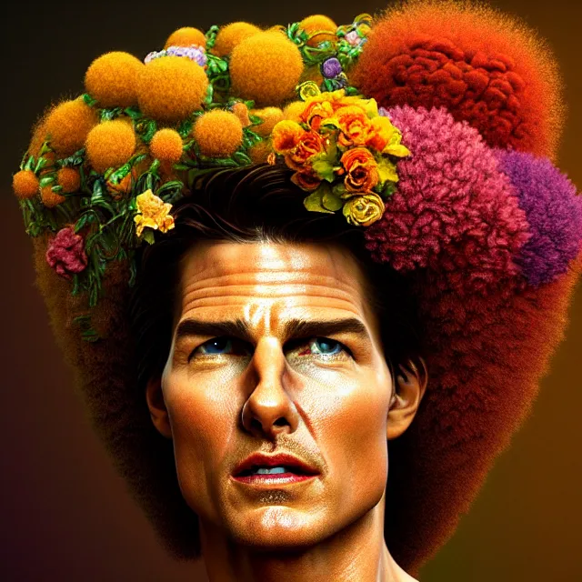 Image similar to bizarre surreal renaissance portrait of tom cruise with an afro made out of various flowers, dramatic cinematic lighting, bold colors, 8 k, beautiful intricate painting, hyper realistic, octane render