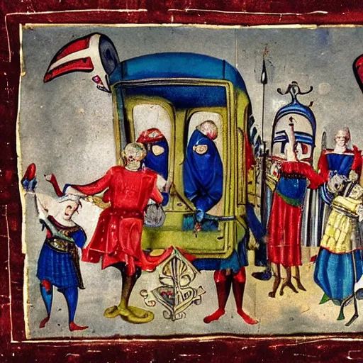 Prompt: medieval bus carrying jesters, collage