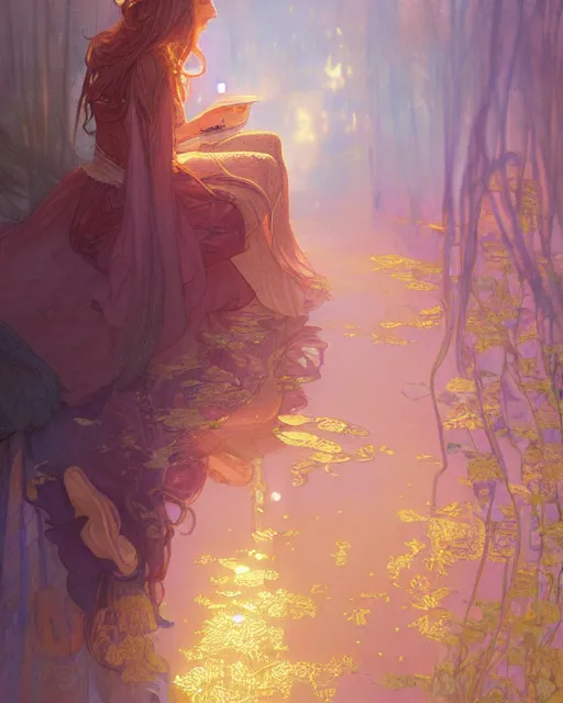 Image similar to secret romance, highly detailed, gold filigree, romantic storybook fantasy, soft cinematic lighting, award, disney concept art watercolor illustration by mandy jurgens and alphonse mucha and alena aenami, pastel color palette, featured on artstation