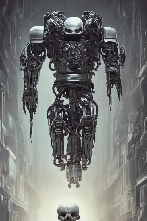 Image similar to Ultra realistic illustration of a robot sitting holding a human skull in it's hands, rune-engraved armor, cyberpunk, sci-fi, fantasy, intricate, elegant, highly detailed, digital painting, artstation, concept art, smooth, 8k octane render, extremely hyperdetailed, intricate complexity, sharp focus, illustration, art by artgerm and greg rutkowski and beeple