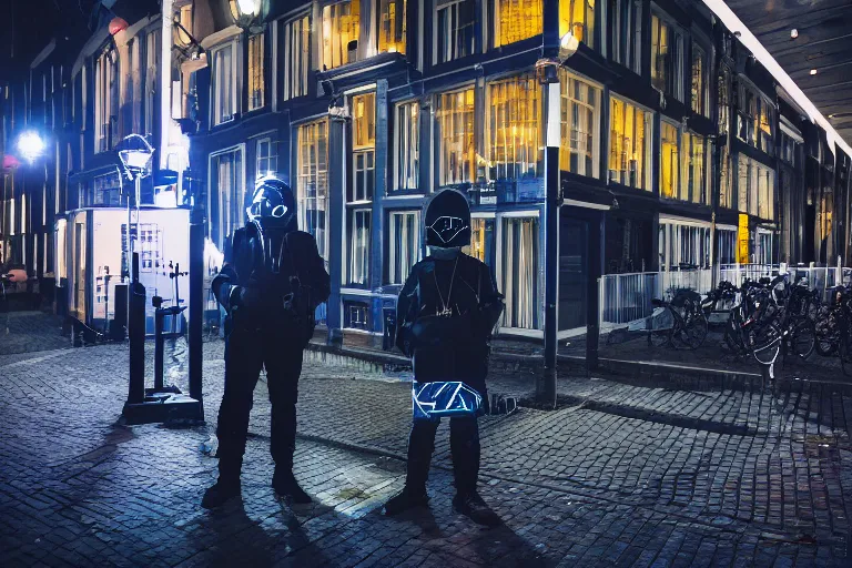 Image similar to photography of a cypherpunk arrested in amsterdam at night