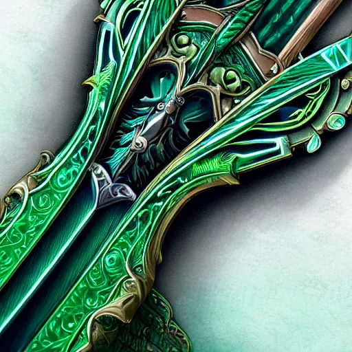 Image similar to symmetric, green fantasy sword, intricate, elegant, highly detailed, digital painting, 4k, HDR, concept art, detailed jewelry, smooth, sharp focus, illustration, matte finish, high contrast, 3d depth, masterpiece, vivid colors, artstationhd