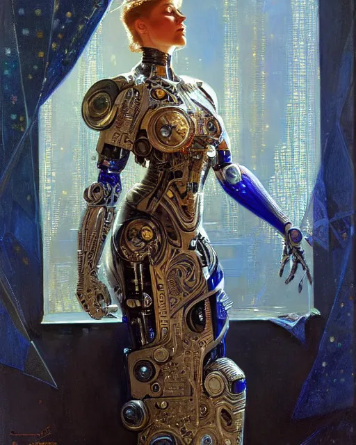 Image similar to an attractive cyborg wearing a futuristic dress surrounded by intricate geometric patterns. highly detailed painting by gaston bussiere, craig mullins, j. c. leyendecker 8 k