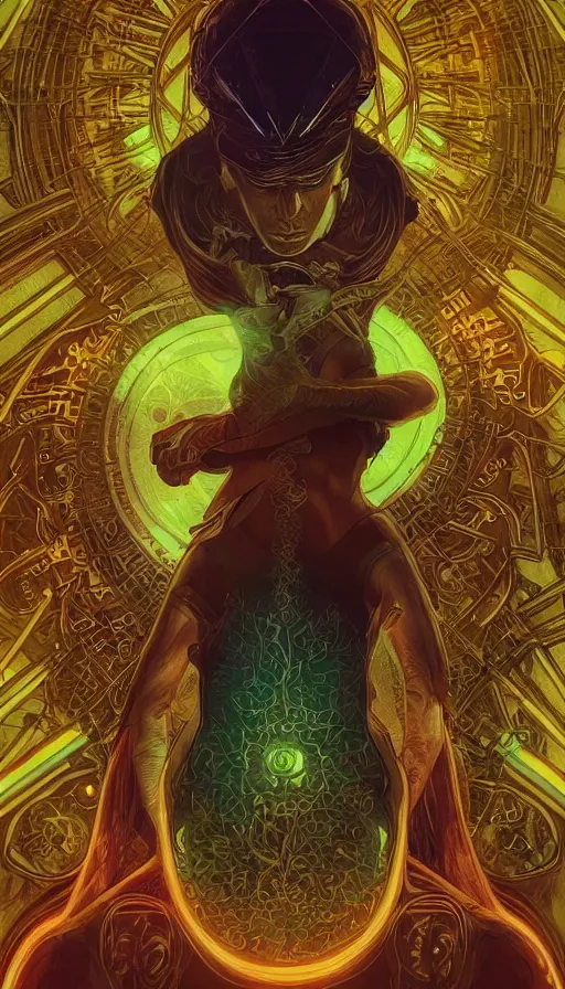 Image similar to tarot card, altered carbon, neon, fibonacci, sweat drops, insane intricate, highly detailed, digital painting, artstation, concept art, smooth, sharp focus, illustration, unreal engine 5, 8 k, art by artgerm and greg rutkowski and alphonse mucha