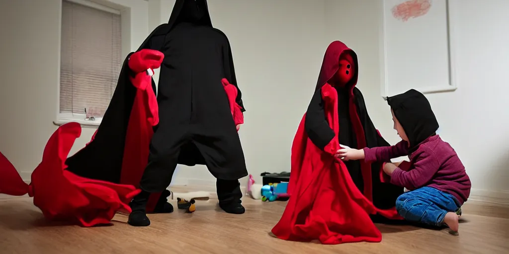 Image similar to child plays with toys in a room while a hooded ominous figure stands in the corner hidden in shadow with red glowing eyes, mysterious and horror atmosphere