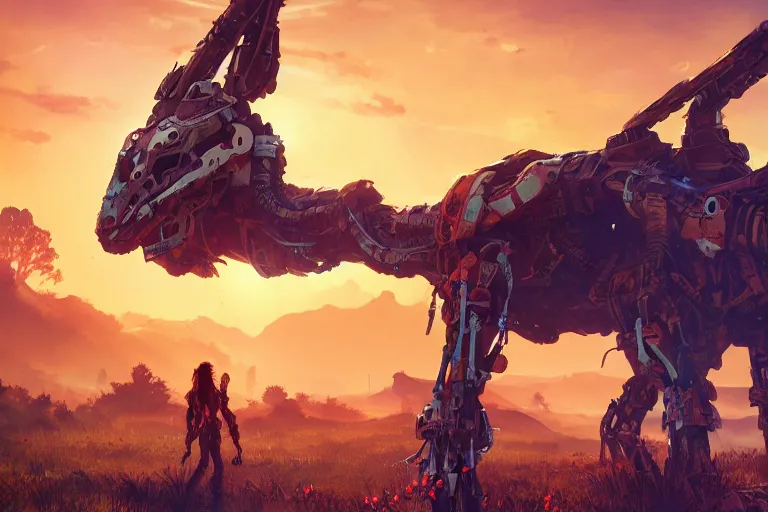 Image similar to tallneck machine mecanical creature robot of horizon forbidden west horizon zero dawn radiating a glowing aura global illumination ray tracing hdr fanart arstation by ian pesty and alena aenami artworks in 4 k