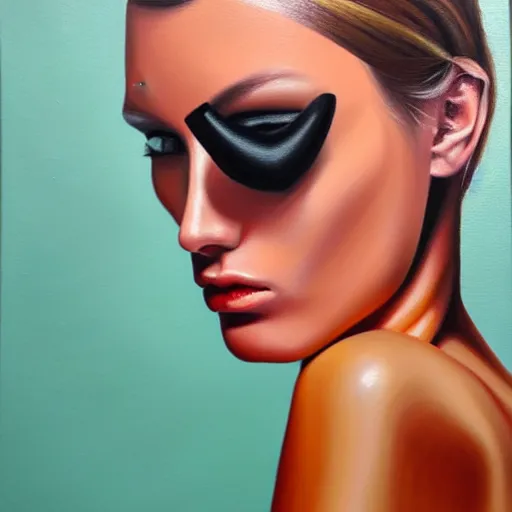 Image similar to fashion model with half robot face, hyperrealism oil painting