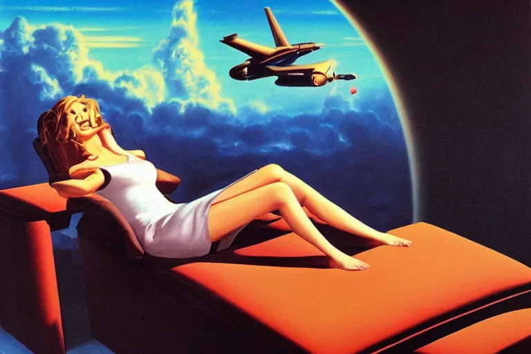 Prompt: a beautiful girl relaxing on a cloud by angus mckie, portrait,