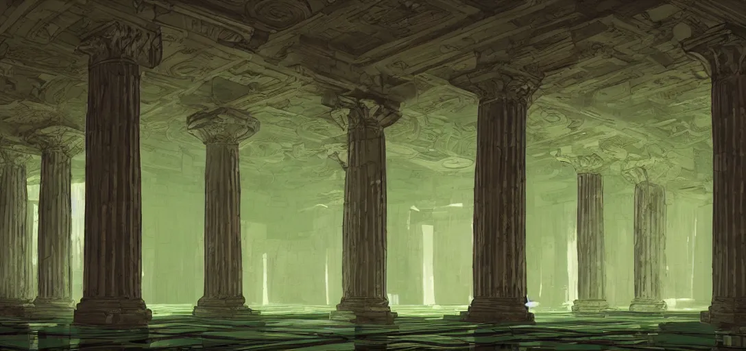 Prompt: Interior Greek Temple covered in green lychen in graphic style of Patrick Gleason and SANA TAKEDA artstation, trending on artstation, beautifully lit, volumetric, intricate, high detail, photo-bash, symmetric, Beautiful comic art