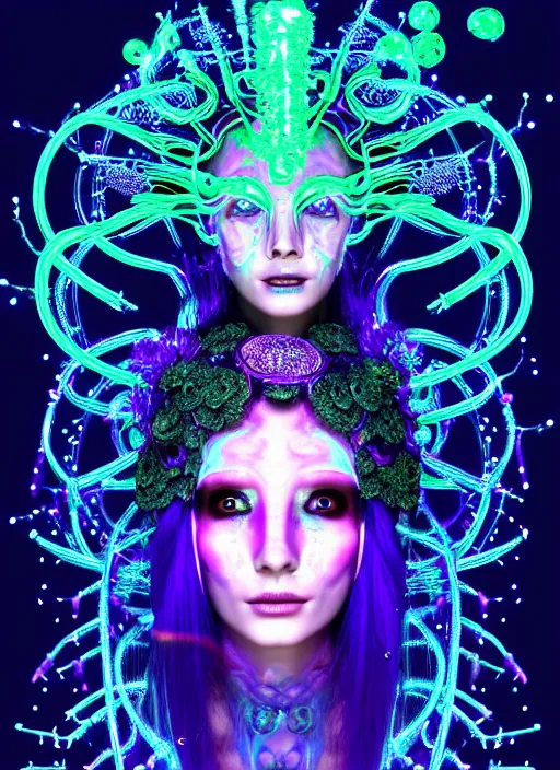 Image similar to 3 d goddess medium shot half - portrait with hyperdimensional mycorrhizal fungal implants. beautiful intricately detailed avante garde biopunk mask and alchemical retrowave sorceress outfit. glowing bio luminescent outline, storm, pulse projections, plasma, creature, artwork by tooth wu and wlop and android jones and beetle and greg rutkowsk