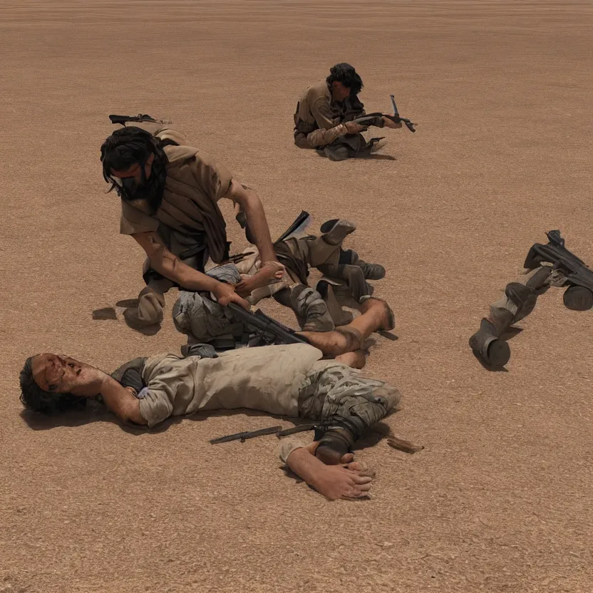 Image similar to a taliban terrorist beheads an usa citizen in the middle of a desert, ultra realistic, highly detailed, zoomed out, canon 3 5 mm photography