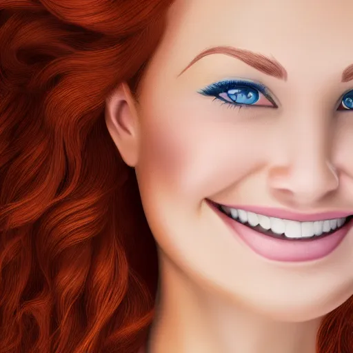Prompt: selfie of a beautiful woman with auburn hair and blue eyes, smiling at the camera, 4 k, disney animation