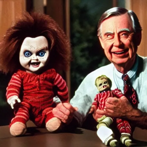 Image similar to Chucky the killer doll being held by Mr. Rogers