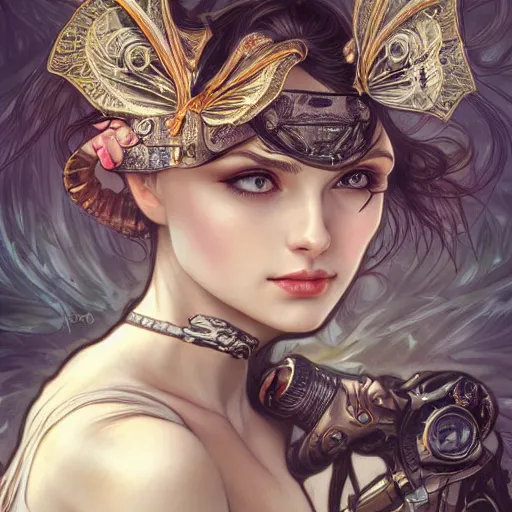 Image similar to a photograpic portrait of a pretty woman, steampunk, fantasy, intricate, elegant, highly detailed, digital painting, artstation, concept art, smooth, sharp focus, illustration, art by artgerm and h r giger and alphonse mucha