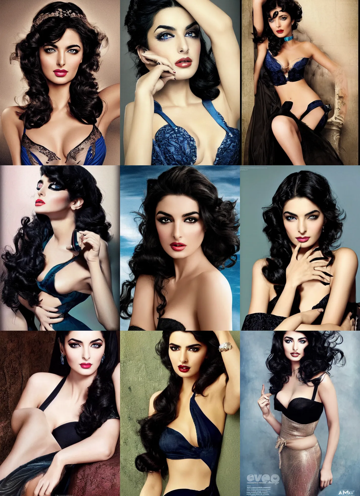 Prompt: ameera al taweel, blue eyes, wavy black hair, seductive, beautiful by gi elvgren