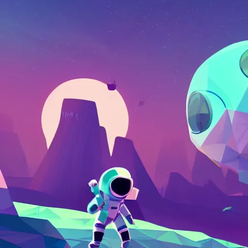 Prompt: Concept art for game, A cute explorer astronaut on a lush alien planet, large planets in the background, low poly, stylized, indie game, artistic lighting
