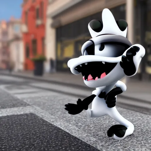 Prompt: 3D render of Felix the cat walking in the street