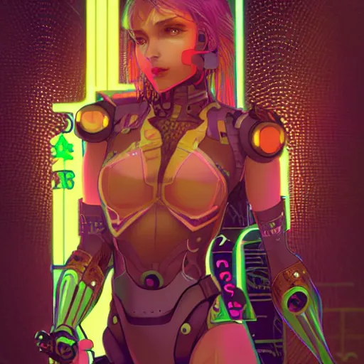 Image similar to portrait futuristic Cyber warrior Girl, in future cyberpunk tokyo rooftop , ssci-fi, fantasy, intricate, very very beautiful, elegant, neon light, highly detailed, digital painting, artstation, concept art, smooth, sharp focus, illustration, art by alphonse mucha and tian zi and WLOP