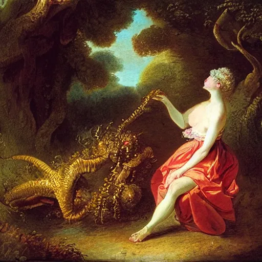 Image similar to wonderful world of carnivorous plant eating a woman, painted by fragonard