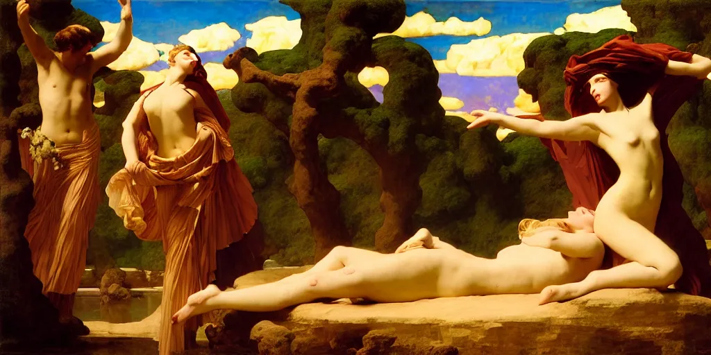 Image similar to an oasis in the middle of the desert, an art deco painting by Frederic Leighton and Daniel Maclise and Rolf Armstrong and Evelyn De Morgan and Bastien Lecouffe-Deharme, dutch golden age, dramatic lighting, high contrast colors, baroque, empyrean, panoramic view, cgsociety, highly detailed, doom engine,