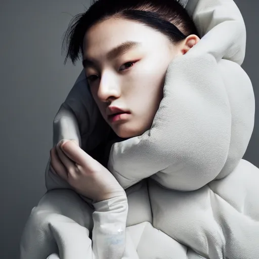 Image similar to well lit fashion shoot portrait of extremely beautiful female marble statue wearing huge over size puffer jacket by dingyun zhang, yeezy, balenciaga, vetements, a cold wall, sharp focus, clear, detailed,, cinematic, detailed, off white, glamourous, symmetrical, vogue, editorial, fashion, magazine shoot, glossy