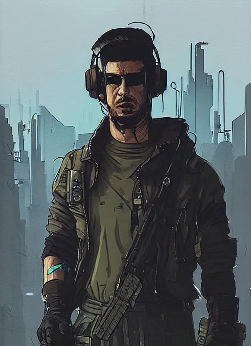 Image similar to Menacing Hector. buff cyberpunk mercenary wearing a cyberpunk headset, military vest, and pilot jumpsuit. square face. Concept art by James Gurney and Laurie Greasley. Moody Industrial skyline. Exaggerated proportions. ArtstationHQ. Creative character design for cyberpunk 2077.