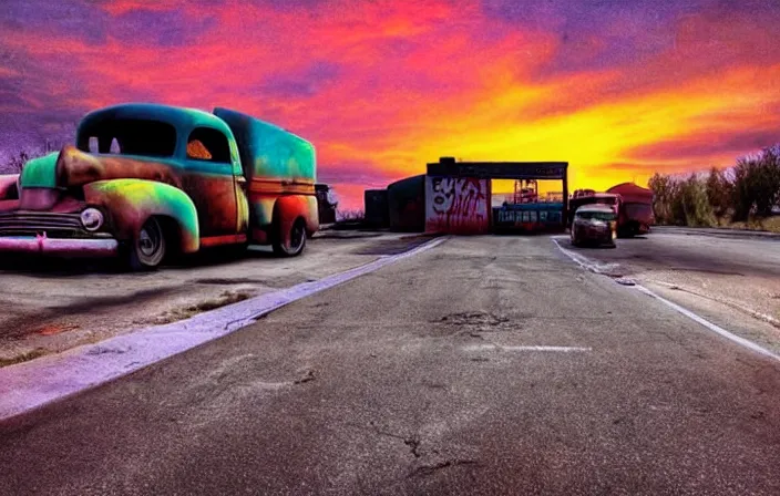 Image similar to a sunset light landscape with historical route 6 6, lots of sparkling details and sun ray ’ s, blinding backlight, smoke, volumetric lighting, colorful, octane, 3 5 mm, abandoned gas station, old rusty pickup - truck, beautiful epic colored reflections, very colorful heavenly, softlight