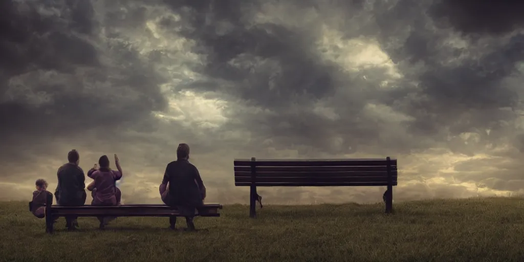 Prompt: a family with sorrow faces sitting on a bench, dramatic sky, close up shot, Greg Rutkowski, dramatic lighting