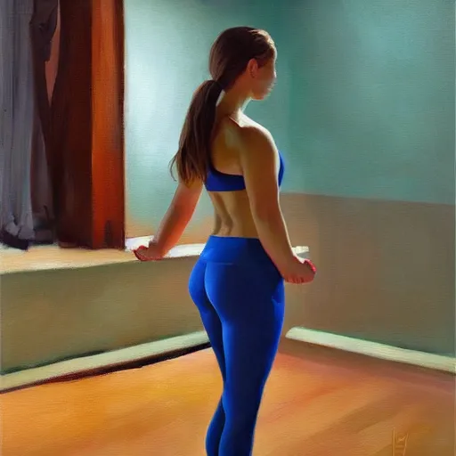 Image similar to realistic oil painting of athletic woman, woke up to yoga pants and uggs boots, alexis flower, wlop, rutkowski, hopper