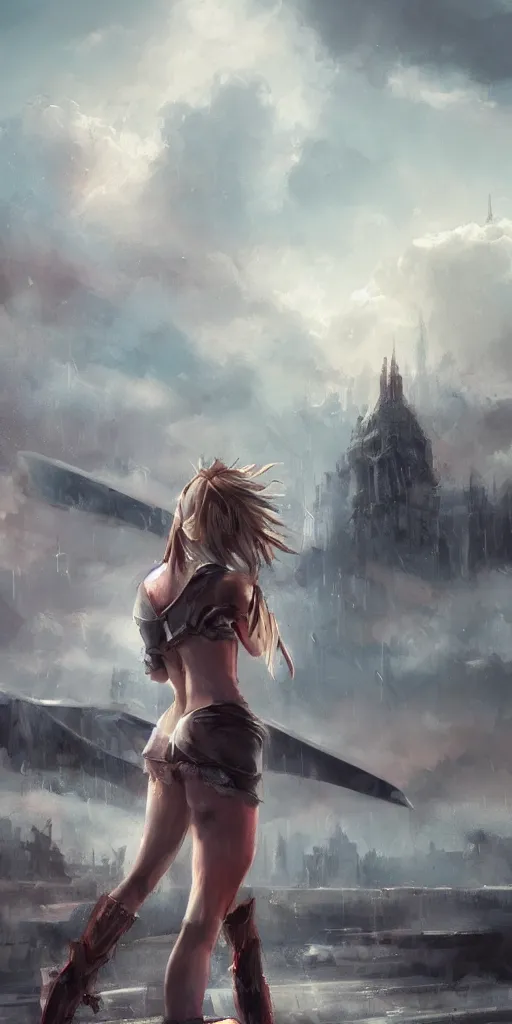 Image similar to back shot of a beautiful girl worrior gazing back, holding two swords. standing on wet road by wlop. artstation contest winner, cinematic paint. lower shot. dramatic cloud and ruined city in background.