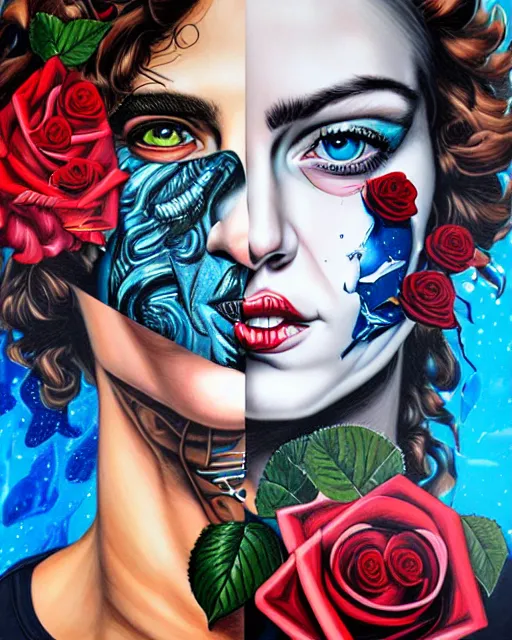 Prompt: split faced person holding pistol and roses in a deep sea with intricate details by Sandra Chevrier with half image